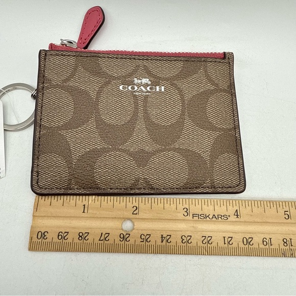 Coach Mini Skinny Signature Khaki Magenta Key Chain Card Case ID Wallet - Picture 5 of 6